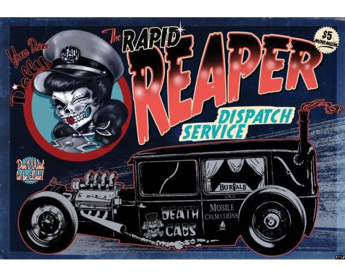 Fotobehang van een vintage taxi met schedels, rock en roll thema voor een stoere en edgy kamer.