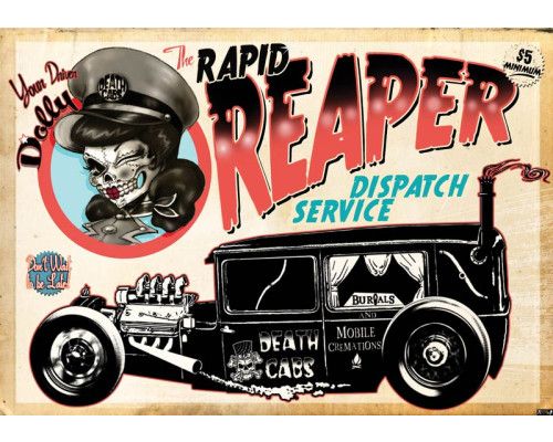 Vintage taxi en schedels, fotobehang met een rock en roll thema voor een donkere en mysterieuze sfeer.