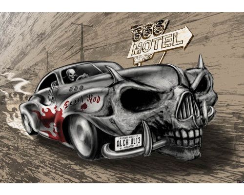 Fotobehang van een death rod motel met schedels, ideaal voor liefhebbers van rock en roll en een edgy interieur.