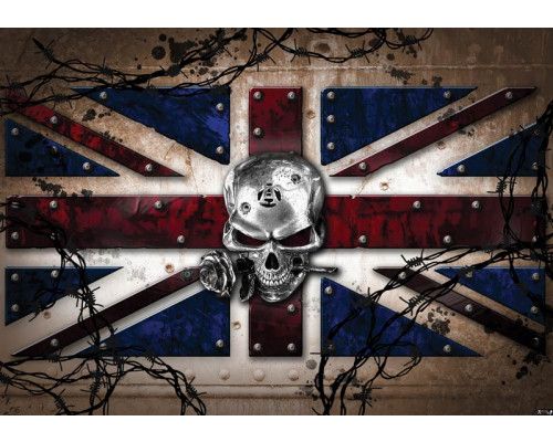 Alchemie fotobehang met een schedel, Engelse vlag en ijzerwerk.