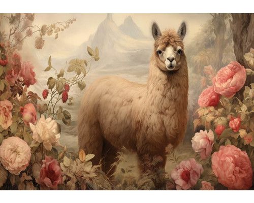 Fotobehang van een schattige alpaca tussen kleurrijke bloemen, met een natuurlijke en vrolijke uitstraling.