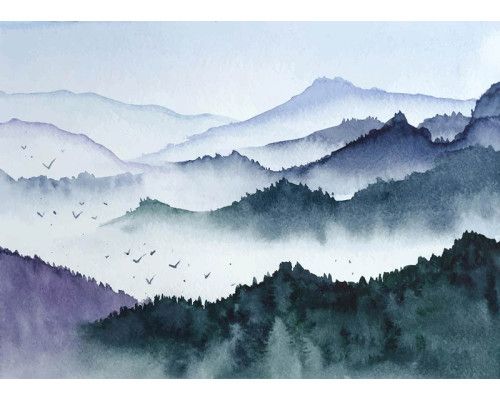 Fotobehang Aquarel Bergen in Mist