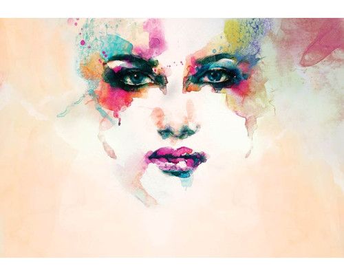 Aquarel gezicht op een fotobehang, abstract kunstwerk met kleurrijke verf en hoofdafbeelding.