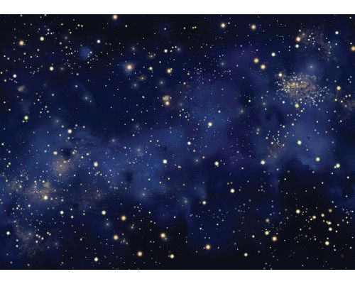 Een fotobehang met een aquarel sterrenhemel, waarbij diepblauwe en paarse tinten in zachte kleurovergangen samenkomen met fonkelende sterren.