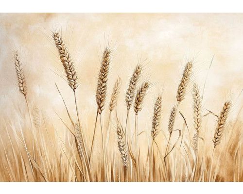 Fotobehang met een artistieke weergave van een graanveld met wuivende aren onder een zachte lucht.