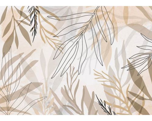 Fotobehang met artistieke bladeren in een creatieve compositie, in pastelkleuren, perfect voor een moderne en natuurlijke uitstraling.