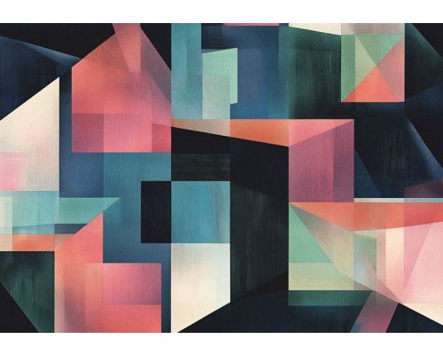 Fotobehang met artistieke geometrische vormen in zachte aardetinten en subtiele lijnen.