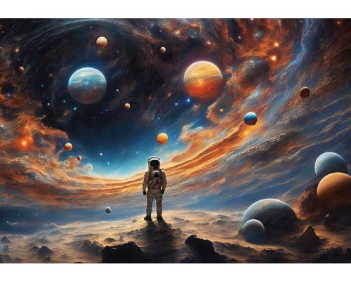 Fotobehang van een astronaut in de oneindige ruimte, omgeven door planeten en sterren.