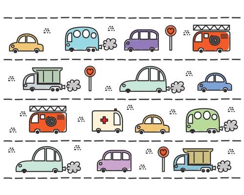 Speels fotobehang van auto's voor kinderkamers.