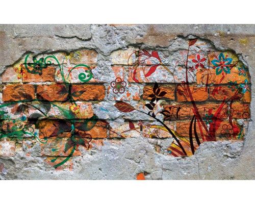 Fotobehang van een geschilderde bloemenmuur op een betonnen achtergrond.