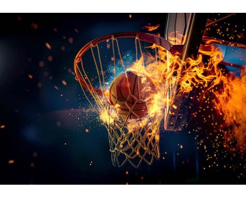 Fotobehang van een basketbal met vurige effecten, in een intense en sportieve setting.