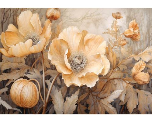 Beige bloemen staan centraal op dit fotobehang, afgebeeld tegen een rustige achtergrond.