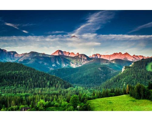 Fotobehang van de natuurlijke schoonheid van een berglandschap met beboste heuvels en groene valleien.