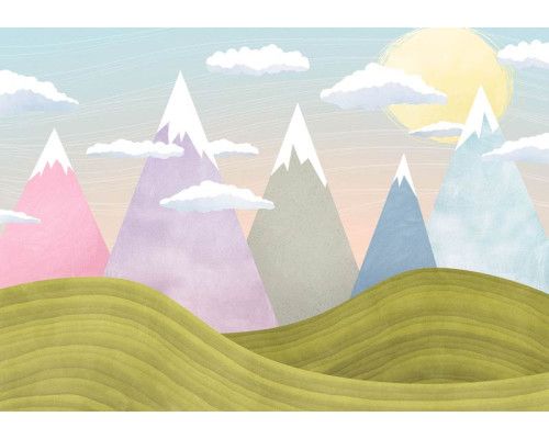 Fotobehang van besneeuwde bergtoppen, met gedetailleerde lijnen en schaduwen voor een rustieke sfeer.