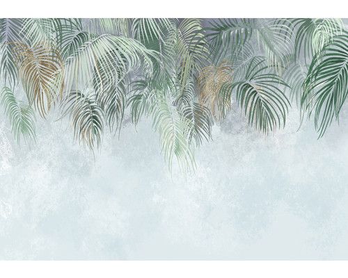 Fotobehang, Beton Palmbladeren Groen Beige