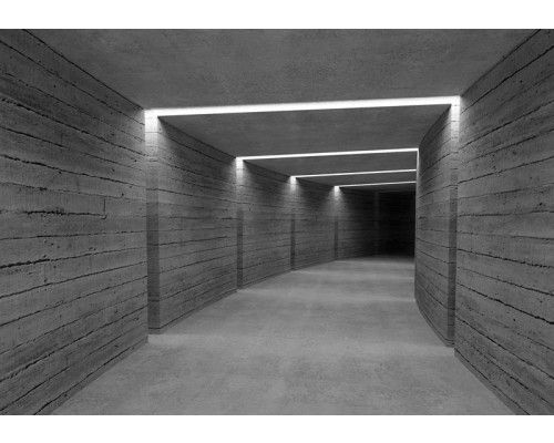 Fotobehang met een 3D-weergave van een betonnen tunnel die diepte en een futuristisch accent aan het interieur geeft.