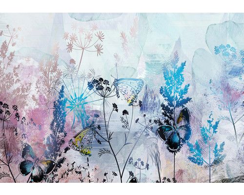 Fotobehang, Bladeren Bloemen Vlinders Blauw Roze