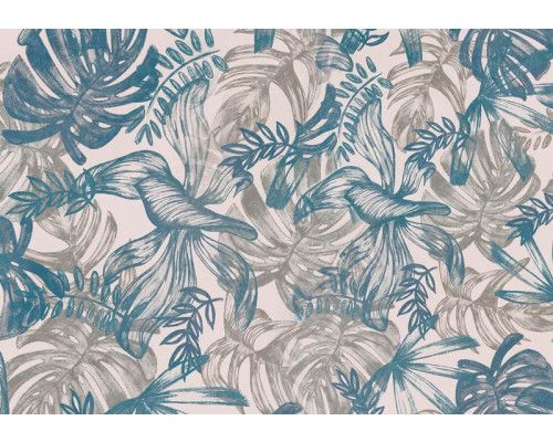 Fotobehang met bladeren in blauw en groen, een natuurlijke en rustgevende schilderstijl die natuur naar binnen brengt.