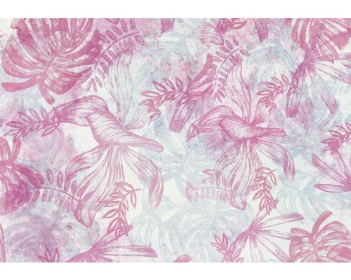 Fotobehang met bladeren in roze en wit, delicate bloemencompositie die een lichte en frisse uitstraling biedt.