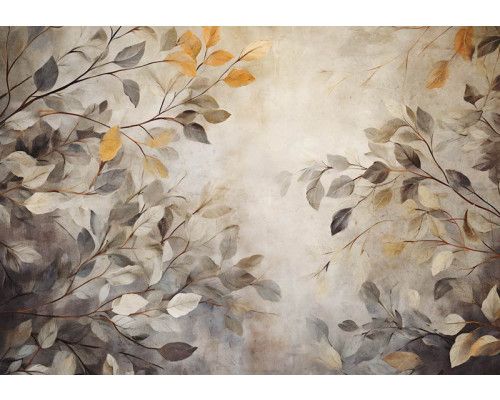 Bladeren afgebeeld op een betonnen muur, weergegeven op een schilderachtig fotobehang met natuurdetails.
