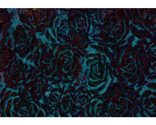 Blauwe bloemen en rozen fotobehang, schilderijstijl voor een artistieke uitstraling.