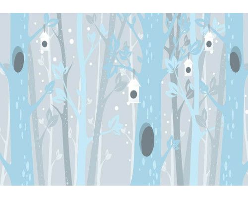 Fotobehang van blauwe bomen in een bos, geschikt voor babykamers.