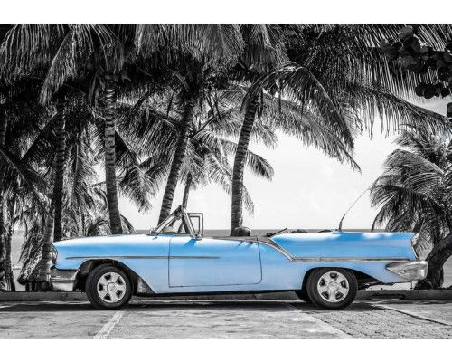 Oude blauwe auto geparkeerd aan een strand met palmbomen en helderblauwe zee in Cuba, fotobehang dat retro en tropische vibes combineert.