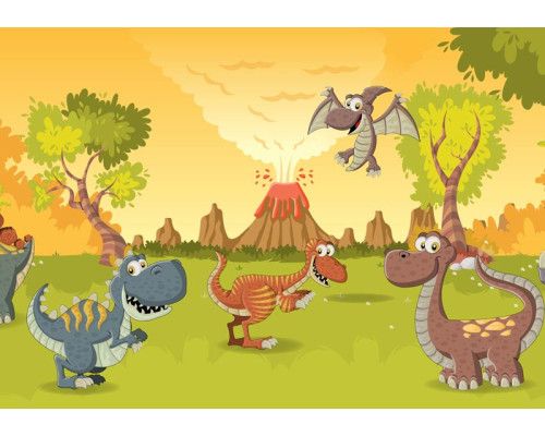Blije dinosaurussen staan voor een vulkaan, terwijl de prehistorische omgeving in dit fotobehang tot leven komt.