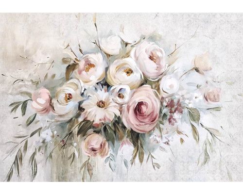 Fotobehang van een bloemenboeket op een betonnen achtergrond, met een modern ontwerp.