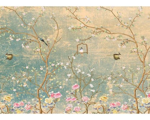 Fotobehang Bloemen en Vogels op Grunge Muur