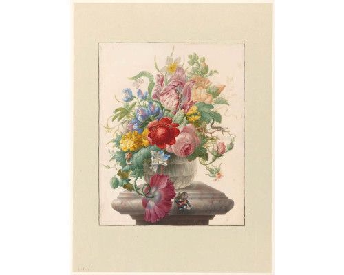 Fotobehang van bloemen in glazen vaas met een vlinder door Herman Henstenburgh, Rijksmuseum.