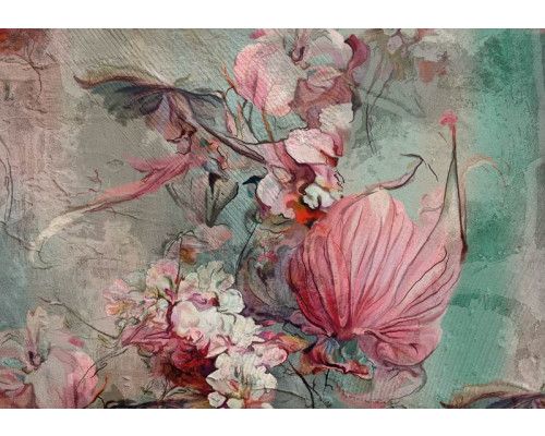 Fotobehang van bloemen op een schilderij, weergegeven in een kunstzinnige compositie.