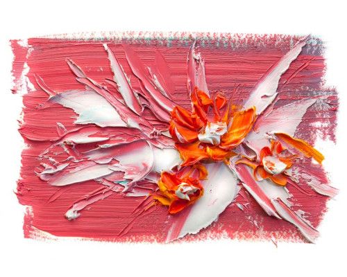 Bloemen en verf op doek afgebeeld in abstract kunstwerk op fotobehang.