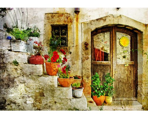Fotobehang, De bloemen van Toscane op de trap