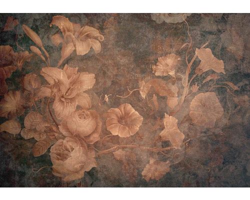 Vintage rozen op een fotobehang in een zachte, romantische stijl, met gedetailleerde bloemen en bladeren.