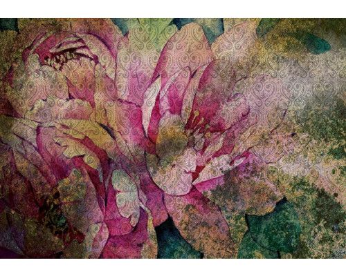 Fotobehang van een bloemenkunst schilderij met roze tinten.