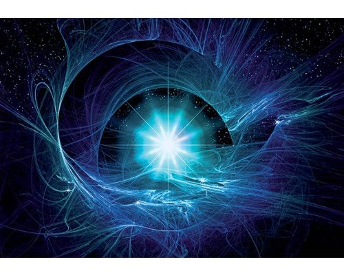 Blauwe supernova met sterren en planeten in het universum, vastgelegd op dit fotobehang met een diepblauwe kosmos.