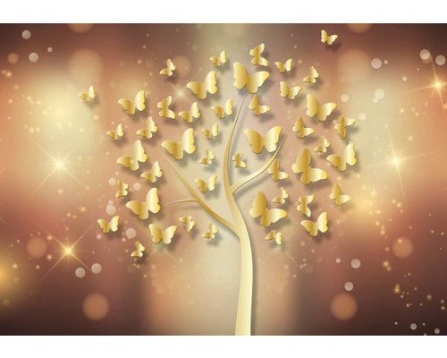Fotobehang met een sprankelende boom vol vlinders, weergegeven in een gouden en abstracte stijl.