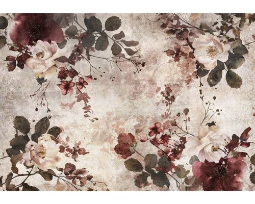 Fotobehang van bordeauxrode bloemen op een betonnen achtergrond, met een levendig kleurcontrast.