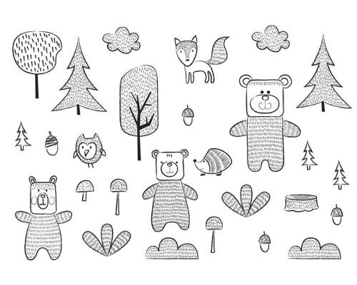 Fotobehang van een bos met beren, speciaal voor babykamers.