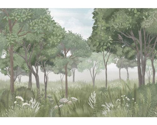 Fotobehang van een bosavontuur voor kinderen, met een speelse en fantasierijke omgeving.