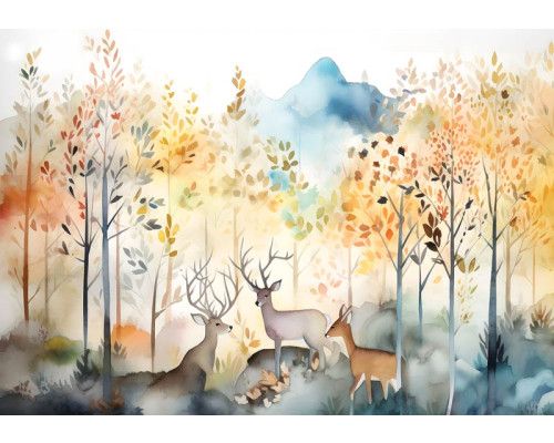 Aquarel van bosdieren zoals herten en vogels in een sprookjesachtig bos, weergegeven op een kindvriendelijk fotobehang.