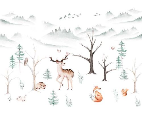 Fotobehang van avontuurlijke bosdieren, perfect voor kinderen met een liefde voor natuur en avontuur.