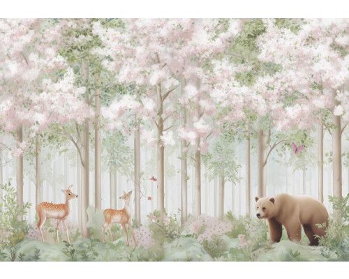 Fotobehang met tropische bladeren in groene tinten tegen een lichte achtergrond.