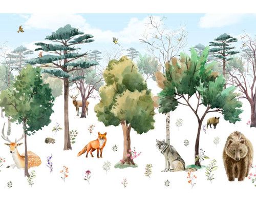 Fotobehang met bosdieren zoals een beer, een hert, een vos en vogels in een schilderachtige harmonie in een bosrijke omgeving.