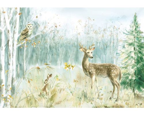 Fotobehang van bosdieren, waaronder een hert, uil en konijn, kunstzinnig weergegeven in een schilderachtige stijl.