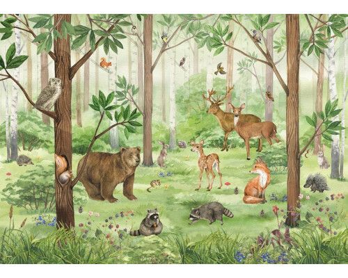 Een fotobehang met een bosdieren paradijs, waarin schattige dieren zoals herten, eekhoorns en een beer te zien zijn in een sprookjesachtig bos.