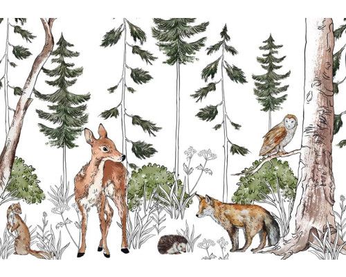 Kinderbehang van een avontuurlijk bos vol dieren, met een bosrijke achtergrond en speelse bosdieren.