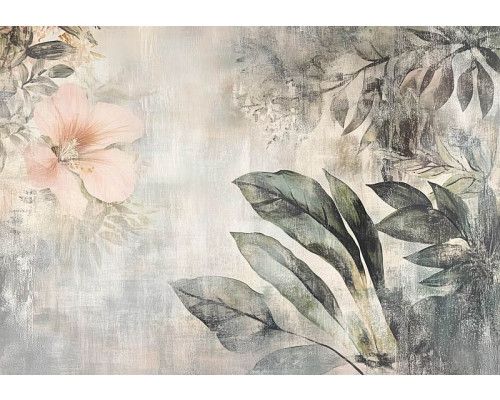 Fotobehang met een botanisch kunstwerk van tropische bladeren en planten in een schilderachtige compositie.