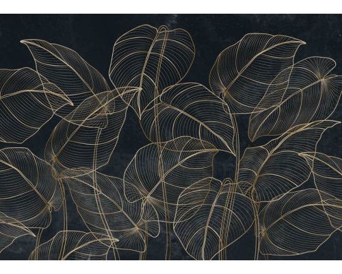 Een fotobehang met botanische bladeren en gouden accenten, waarin tropische bladeren worden gecombineerd met verfijnde gouddetails voor een luxe uitstraling.